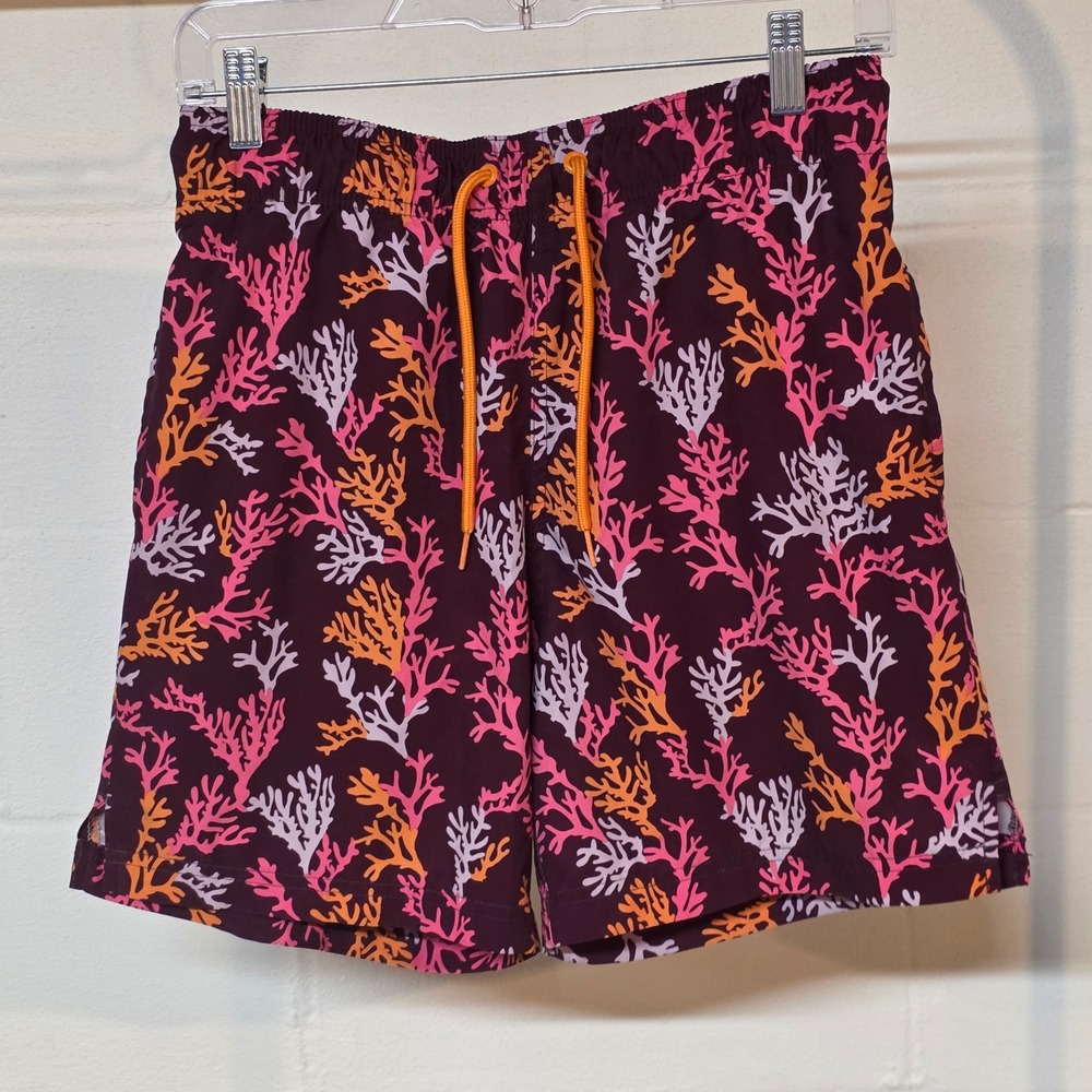 George Mens Coral Print Swim Trunks Burgundy Pink Orange Small 28-30 RN52469